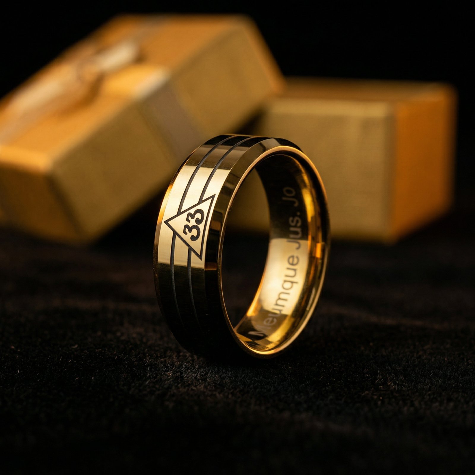 Anillo masónico de tungsteno grado 33 en oro con grabado Deus Meumque Jus